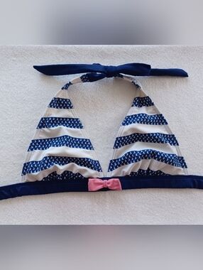 Venus Sailor Blue Striped Triangle Bikini Top with Pink Bow, Size S